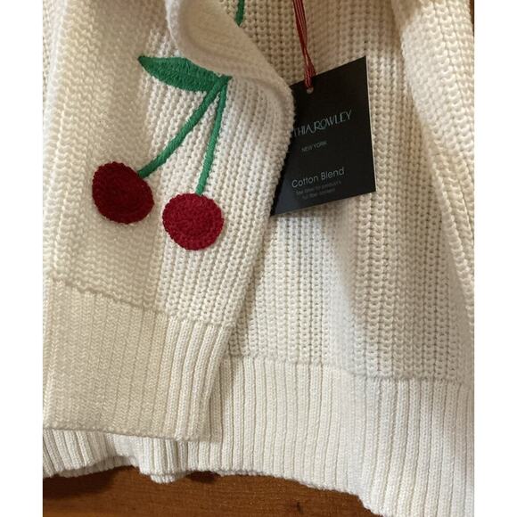 CYNTHIA ROWLEY Cherry Embroidered Sweater Sz S New Ivory Red Crochet Fruit Cute - Picture 3 of 7